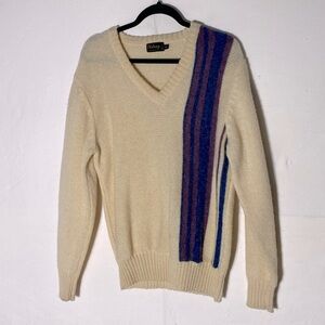 Vintage Wolsey Cream Purple Blue Wool Knit Pullover V Neck Sweater S Academia